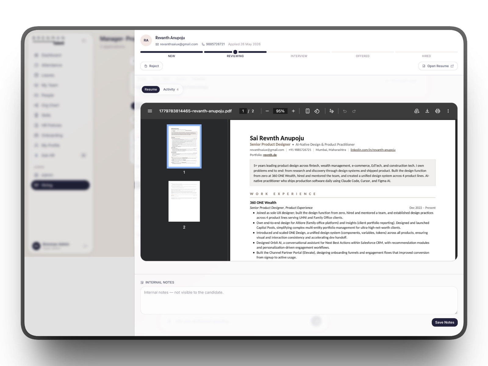 Applicant detail screen with an inline resume viewer and internal notes