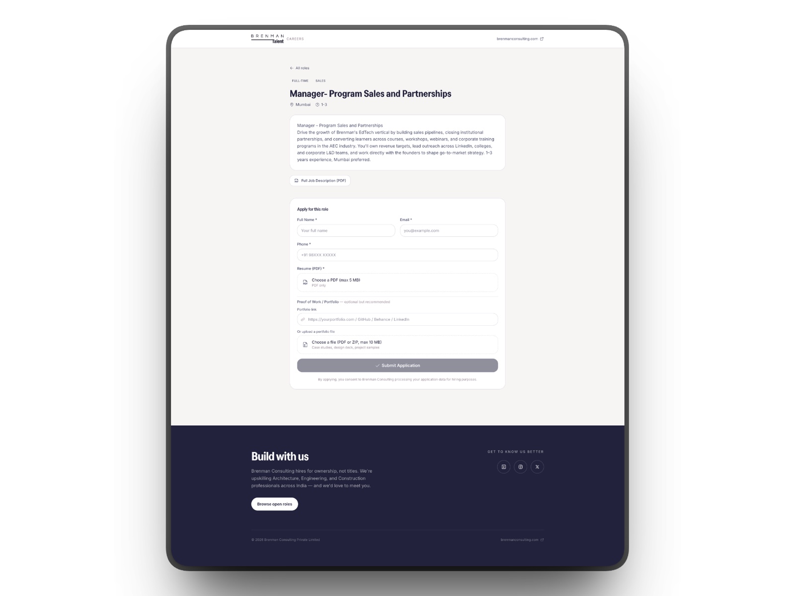 Public job detail page with the role description and an application form