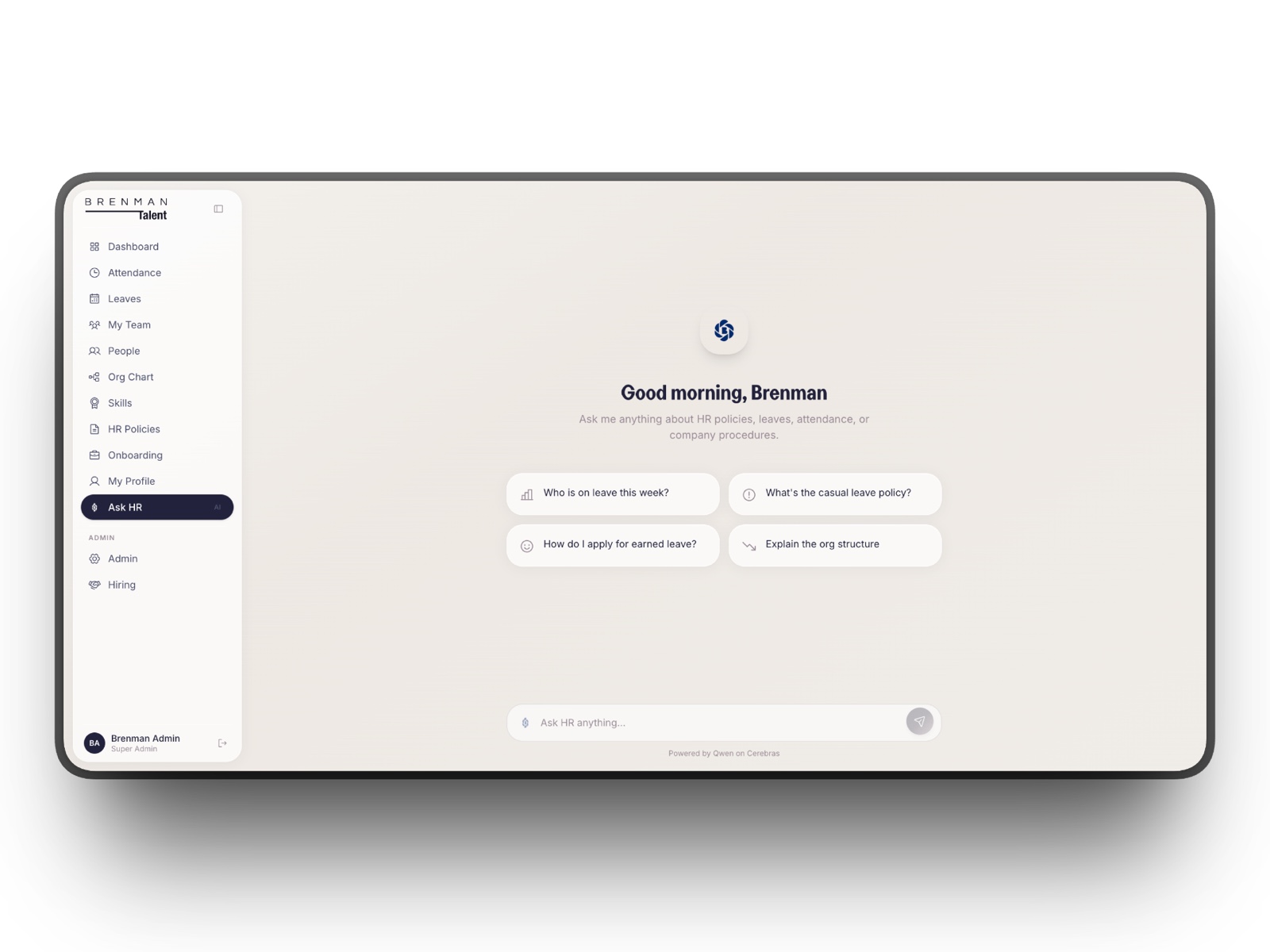 Ask HR AI assistant with starter prompts about leave, attendance, and org structure