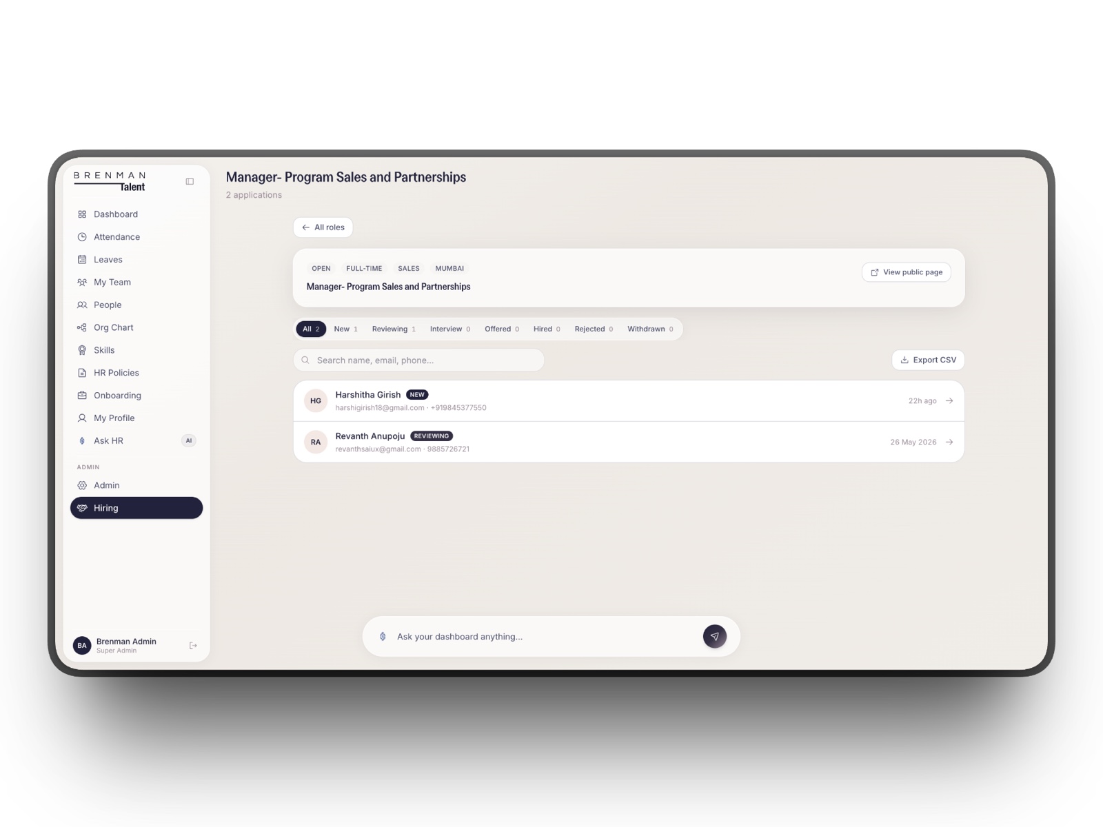Admin hiring screen showing the applications pipeline for a role with status stages