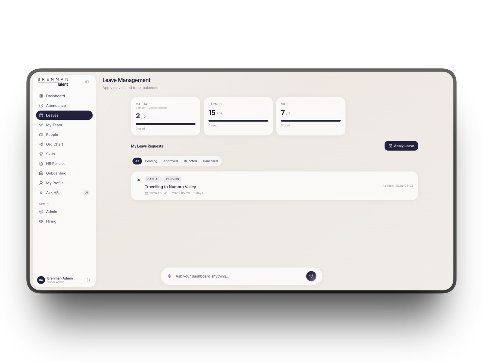 Leave management screen with casual, earned, and sick balances and a list of leave requests