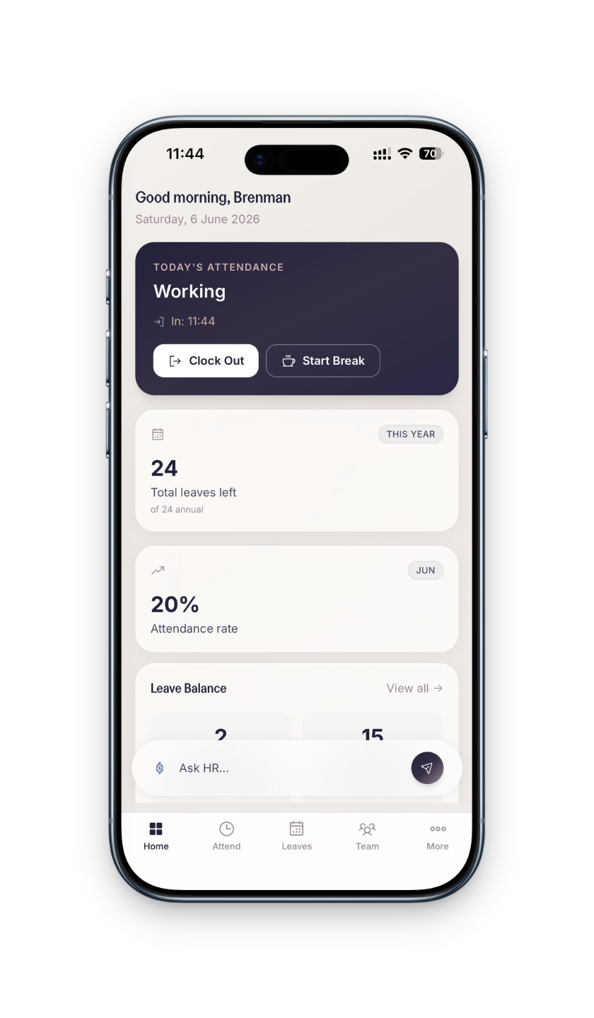 Brenman Talent mobile home with attendance, leave balance, and bottom navigation