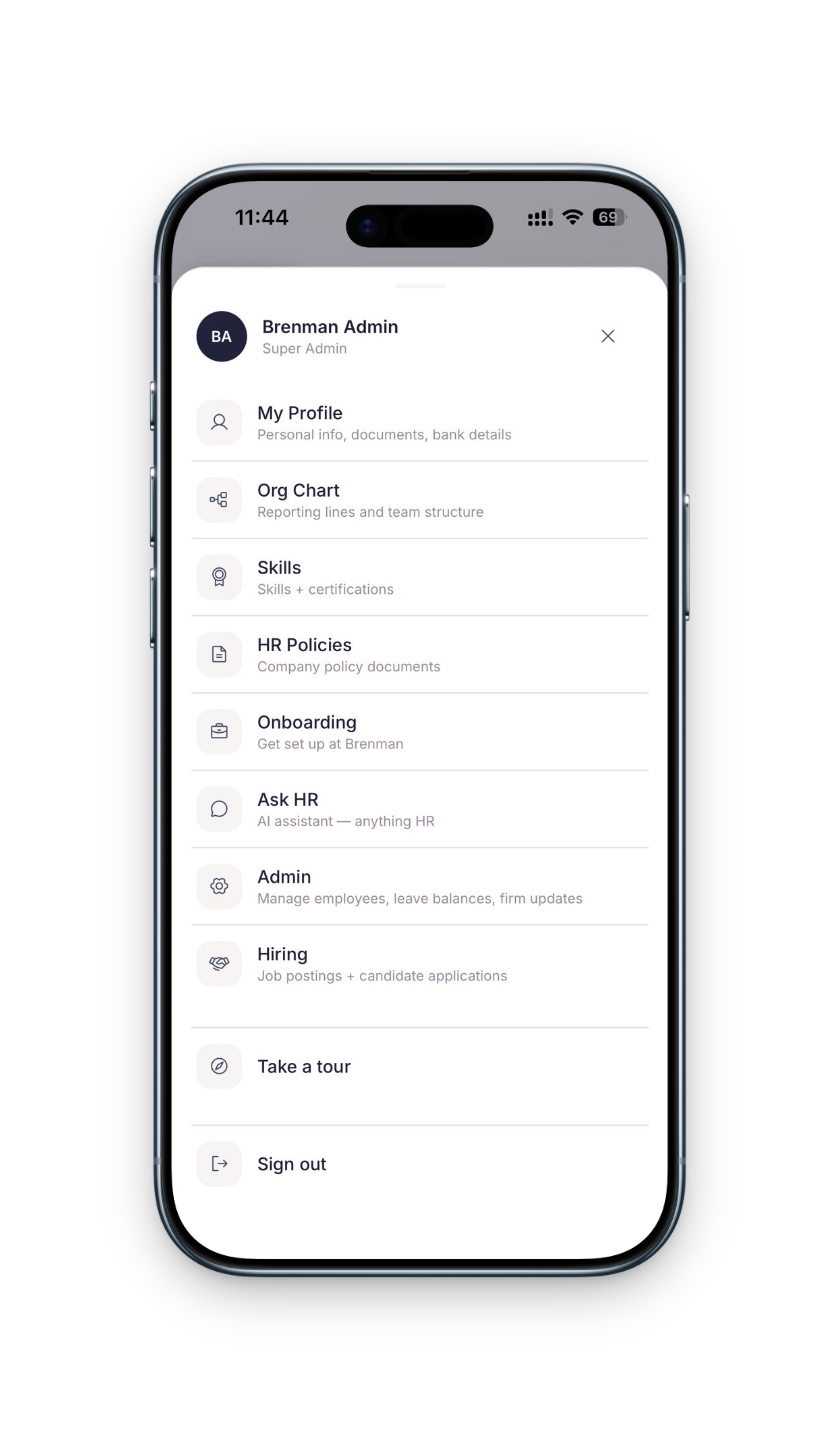 Brenman Talent mobile menu with profile, org chart, skills, policies, and admin