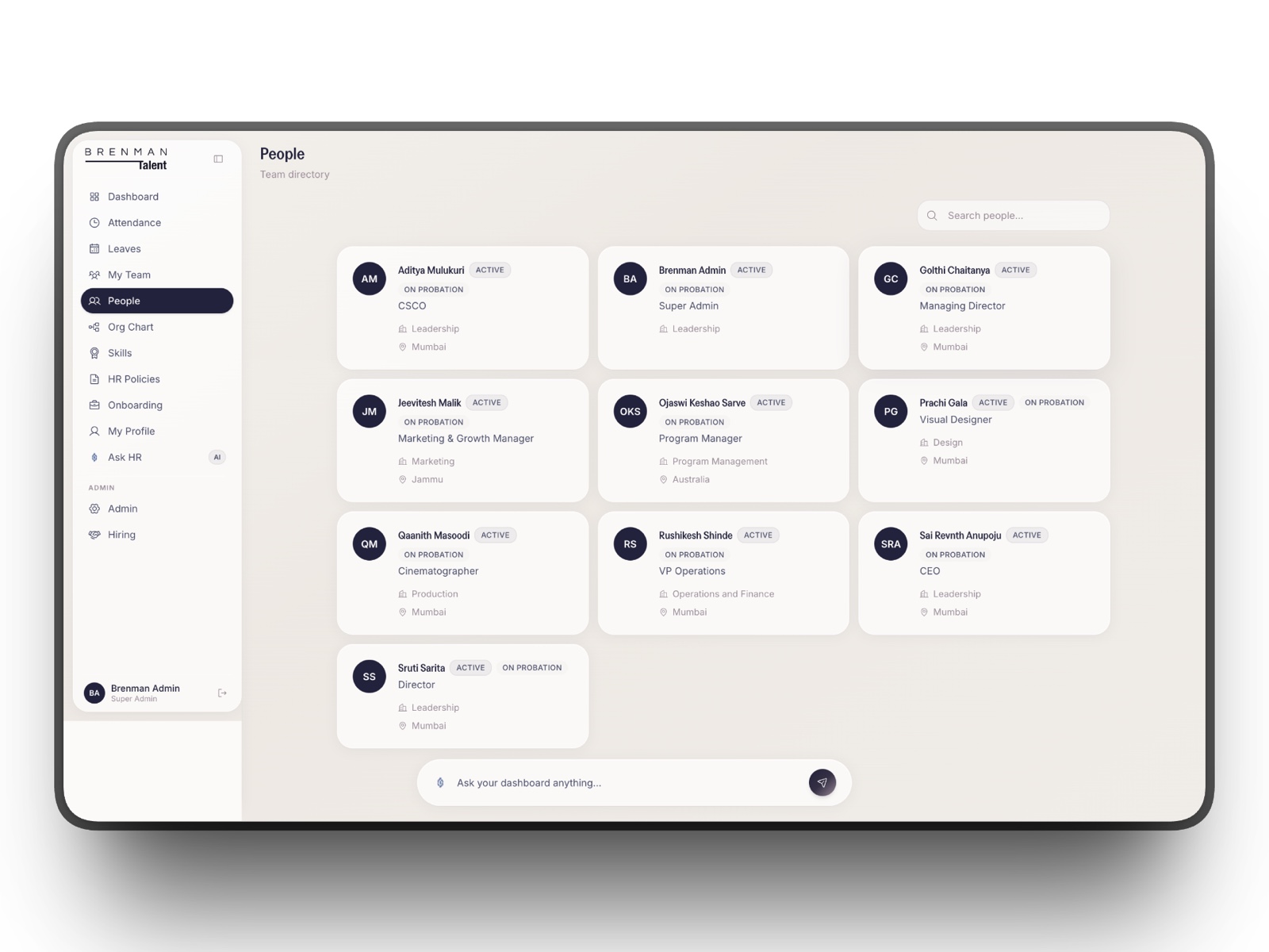 People directory with employee cards showing role, department, and status