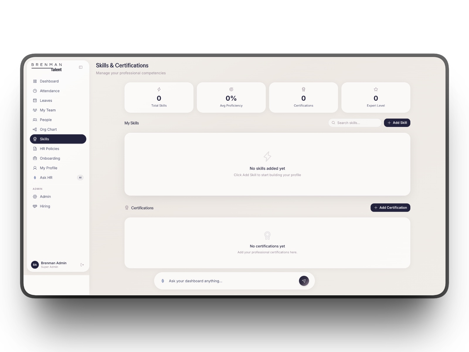 Skills and certifications screen for tracking professional competencies