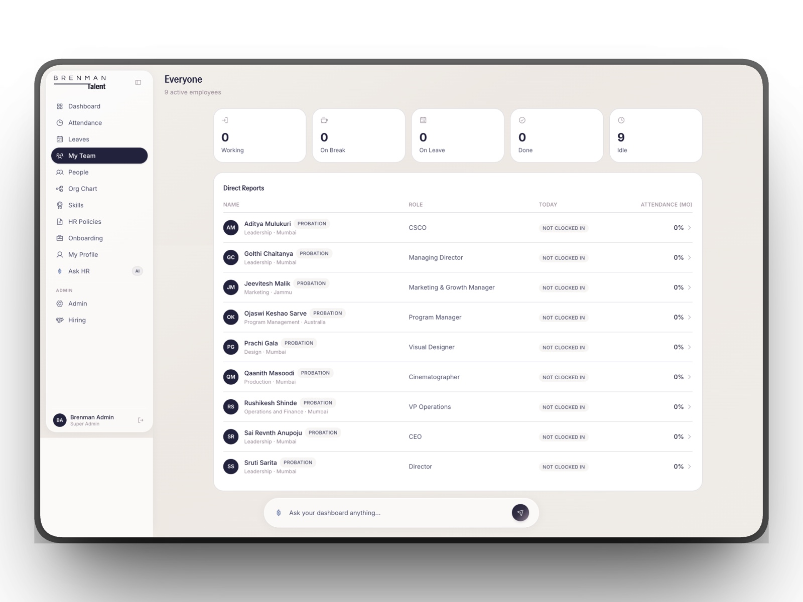My Team view listing a manager's direct reports with live status and attendance