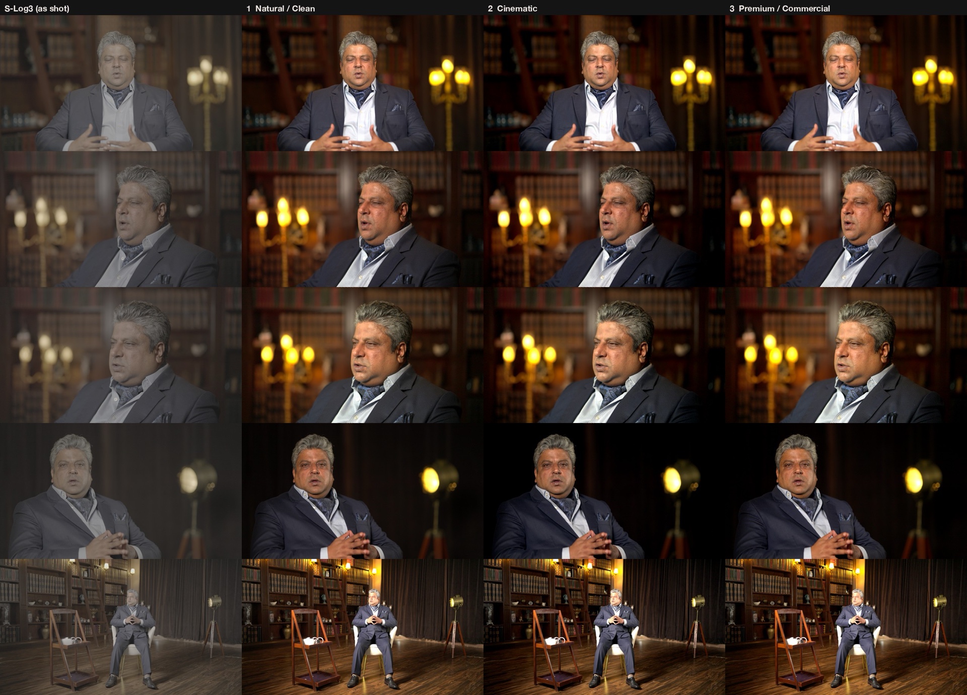 Grade comparison sheet: S-Log3 as shot, then natural, cinematic, and premium looks across five shots