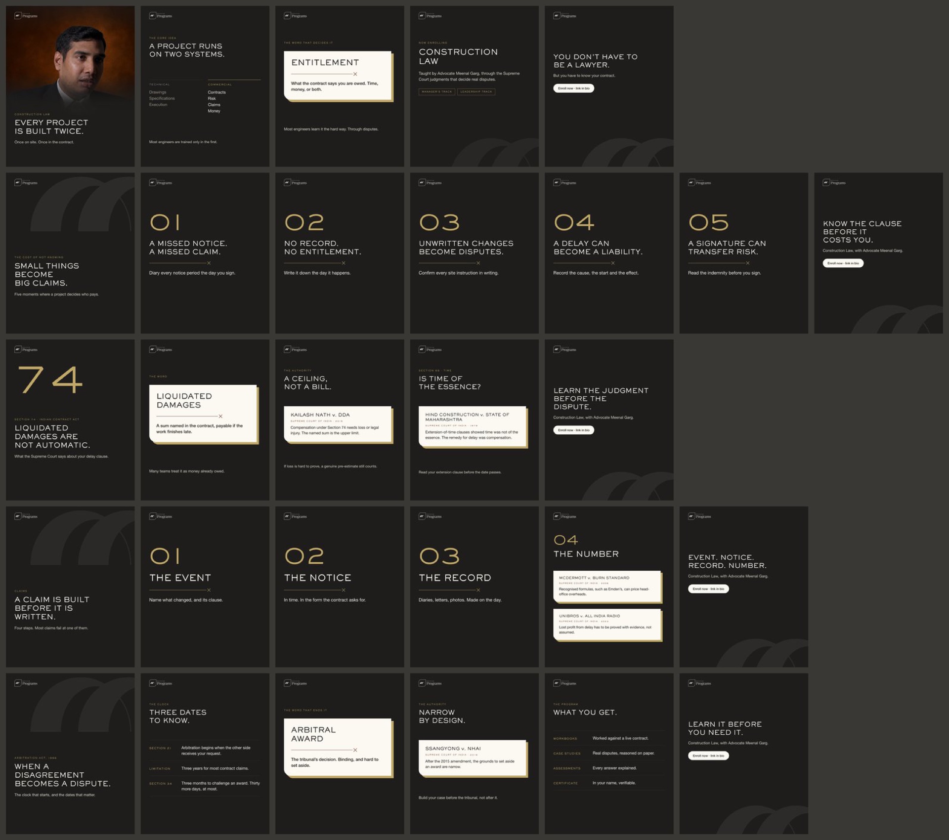 Overview of five Construction Law Instagram carousels