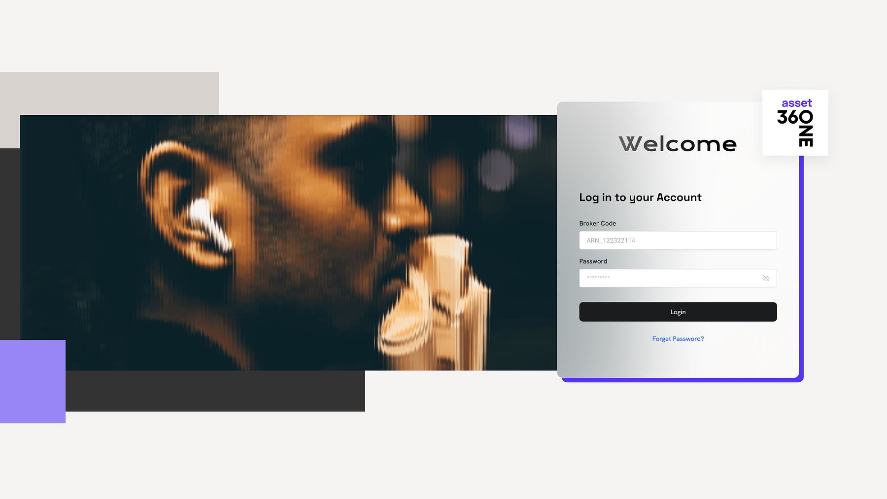 The starting point — a bare 360 ONE Asset login screen with nothing behind it for distributors.