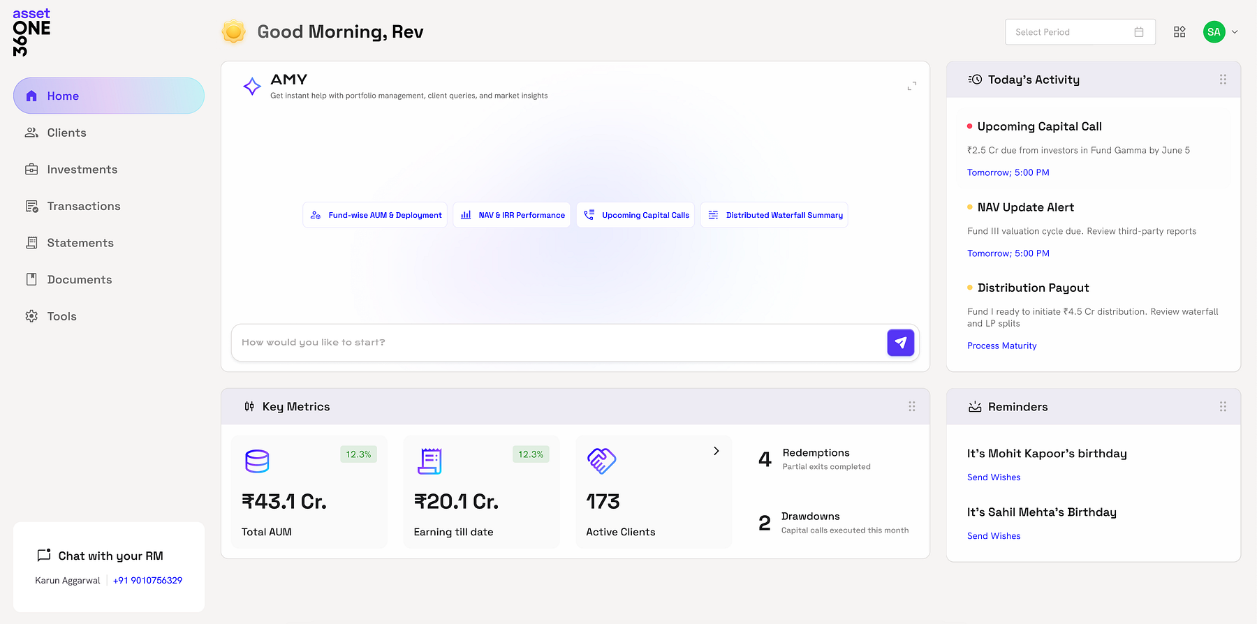 Good Morning, Rev — the distributor dashboard with AMY assistant, key metrics, and today's actions.
