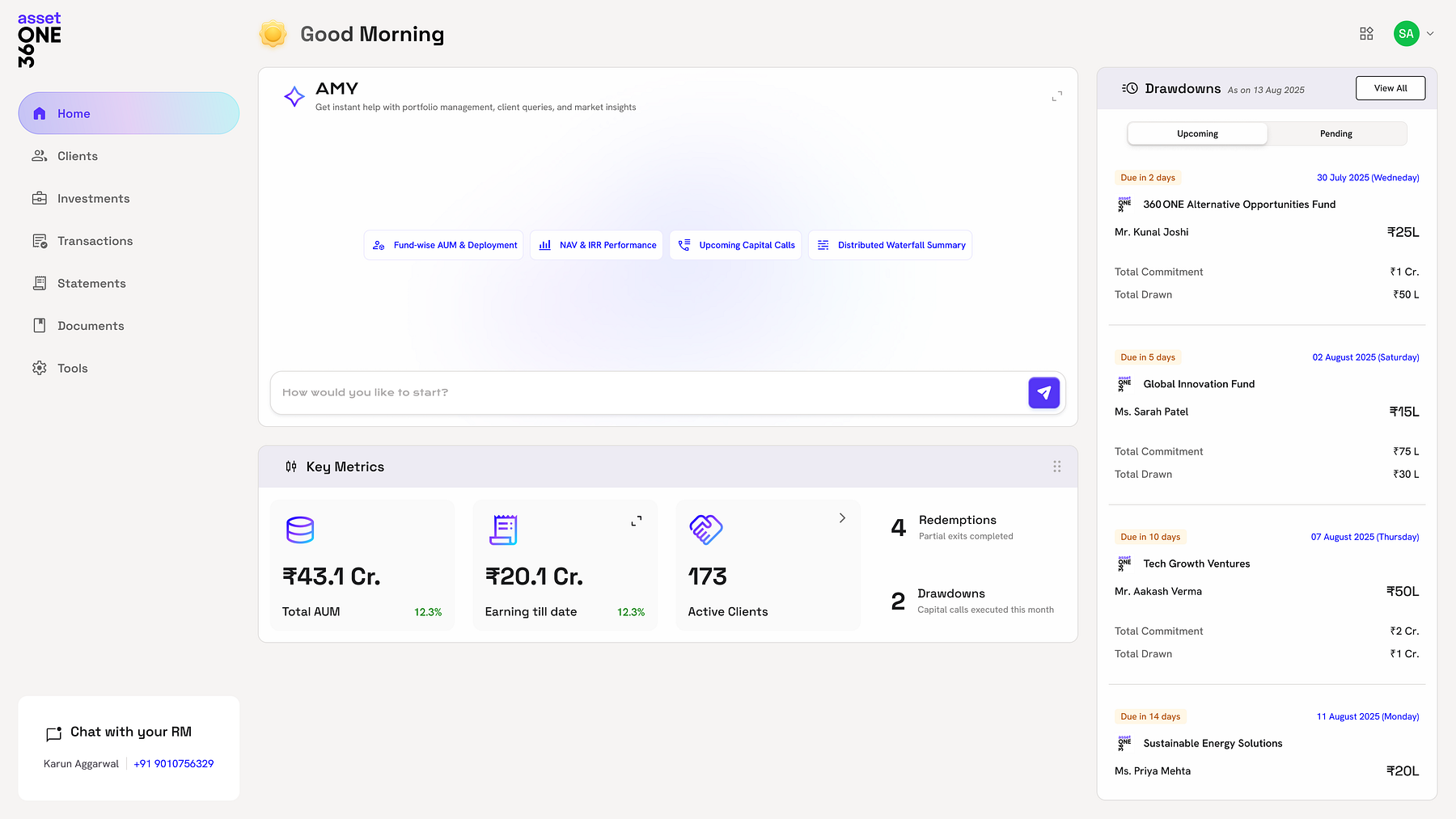 Distributor home cockpit — key metrics, drawdowns, celebrations, and AMY chat in one view.