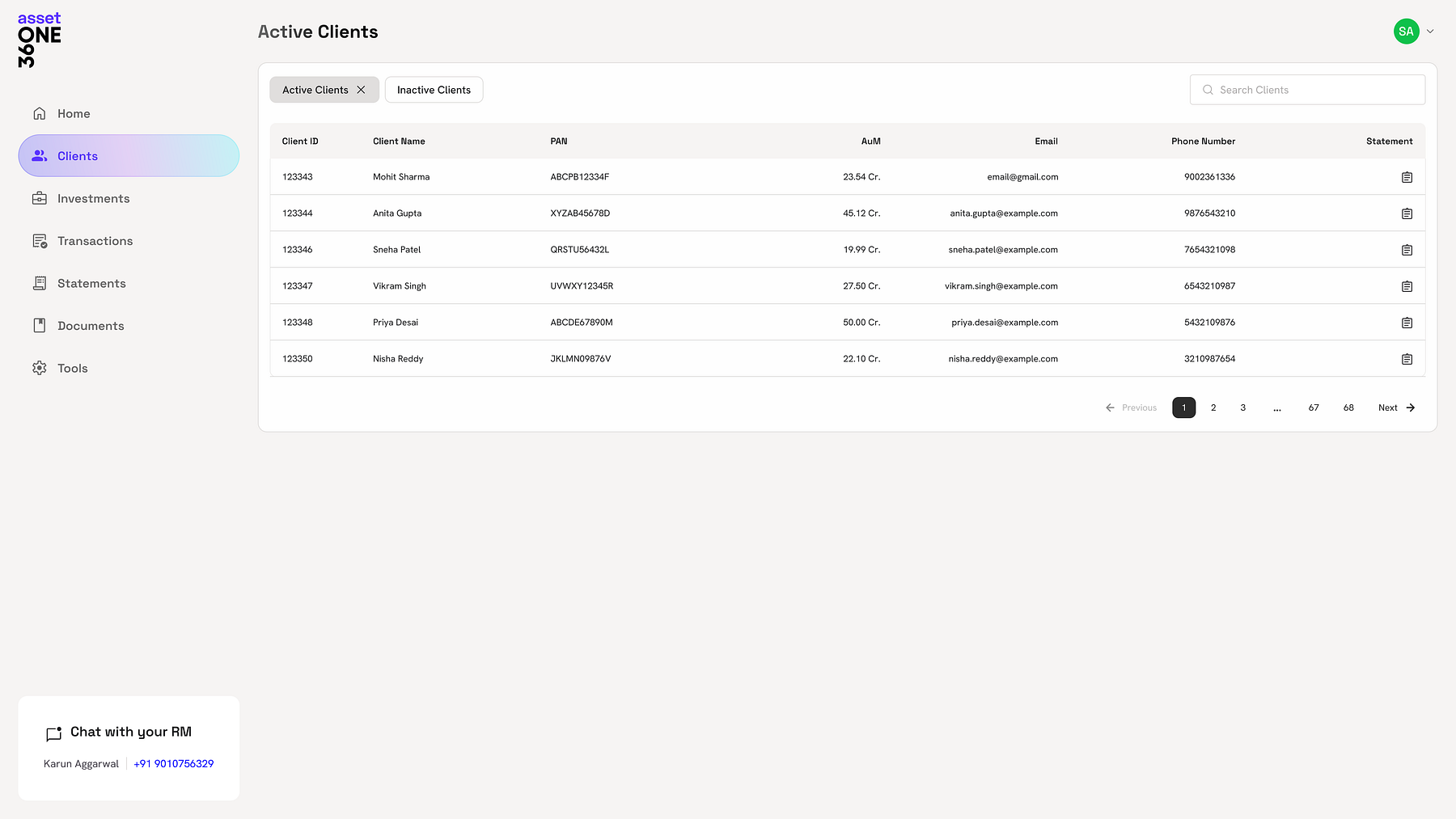Active Clients table view with search, filters and status.