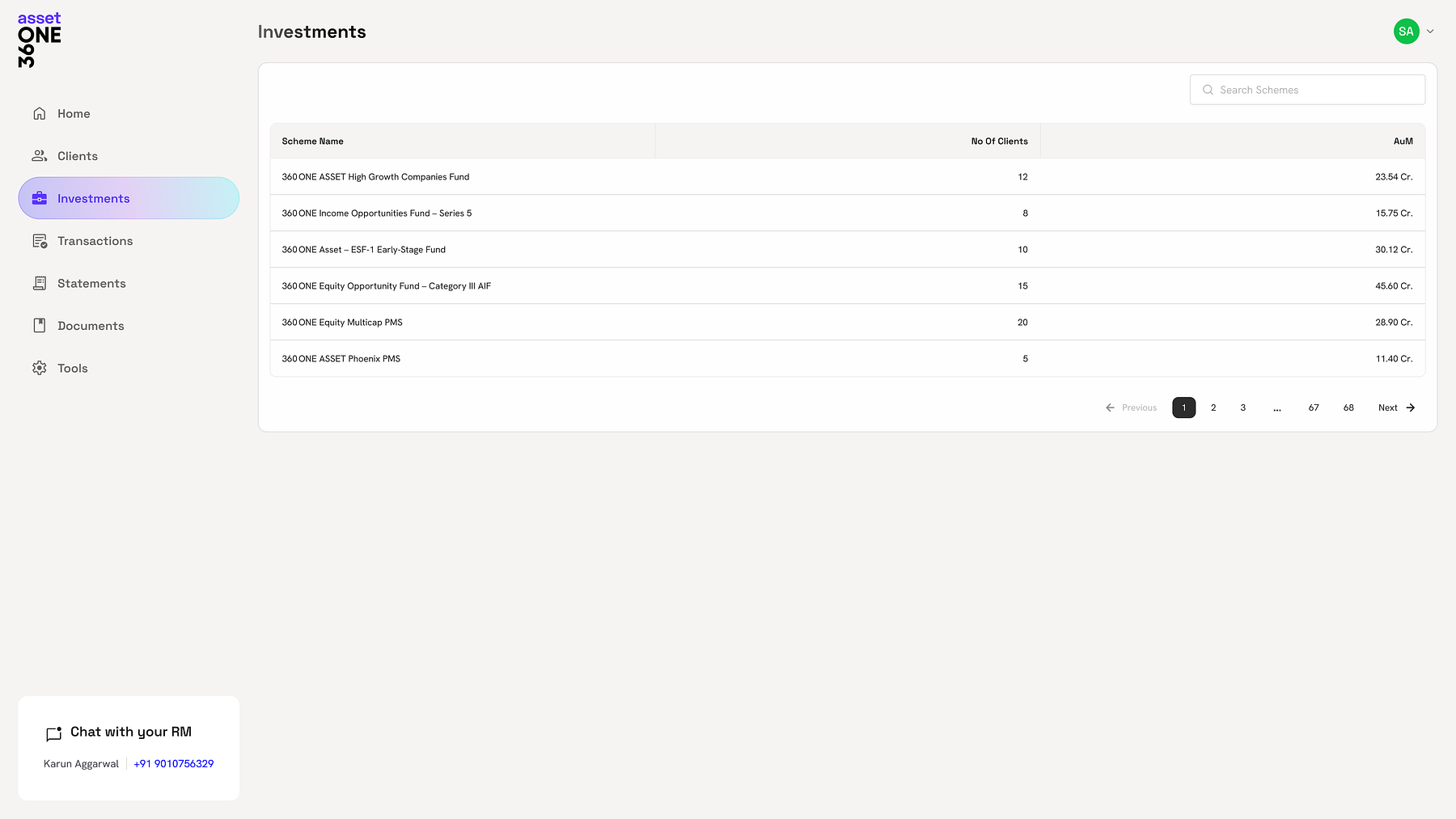 Investments page — the full table view of schemes, commitments and drawdowns.