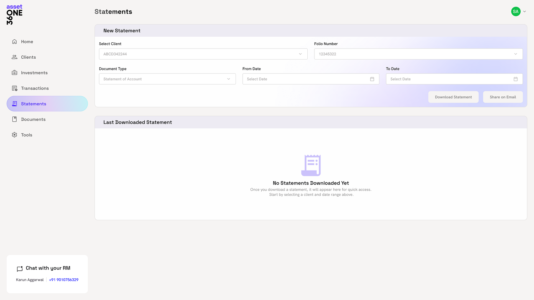 Statements history page showing the empty state before a client has pulled any statement.
