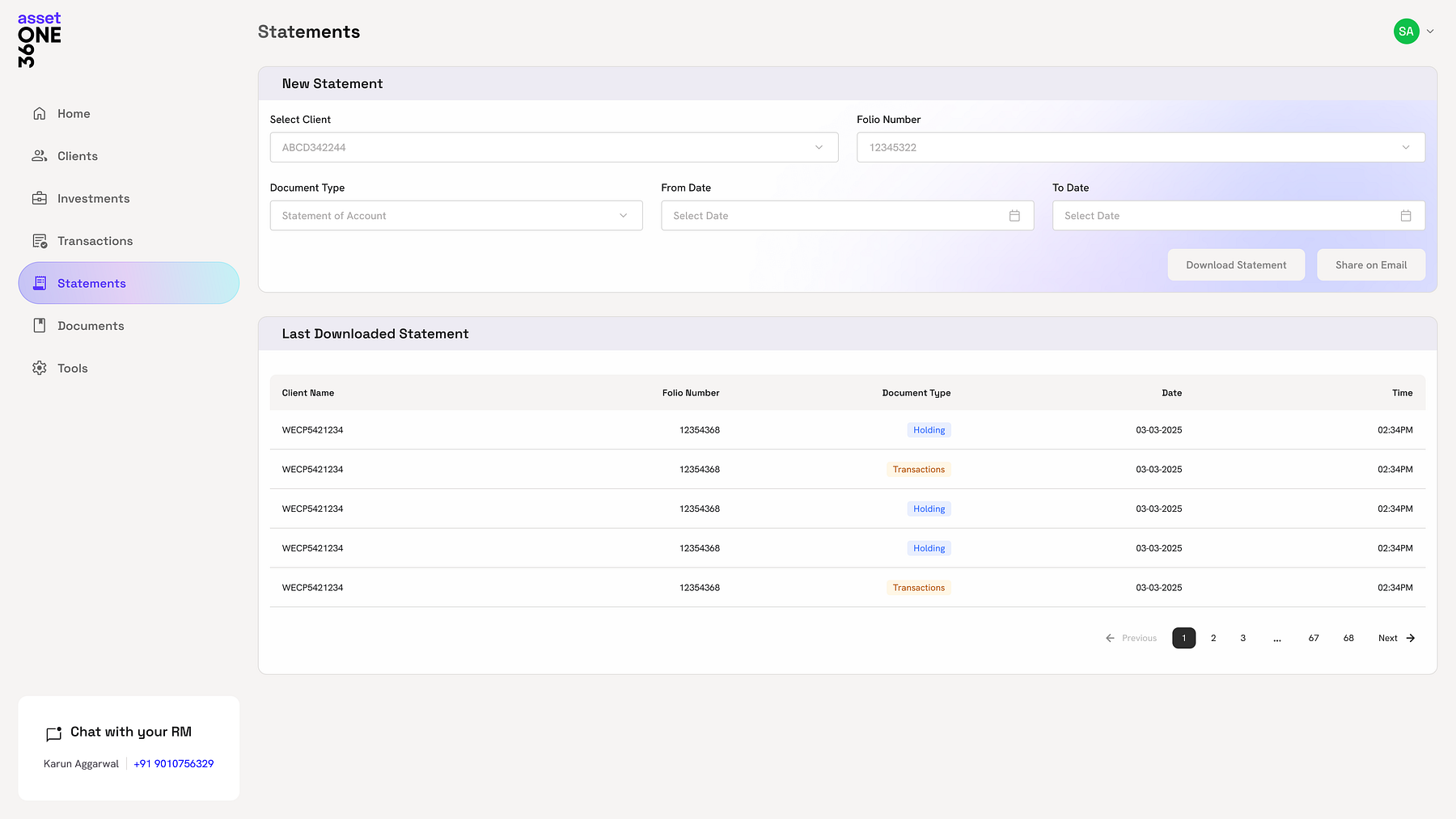 Statement generator — select client, folio, document type, date range, then download or share.