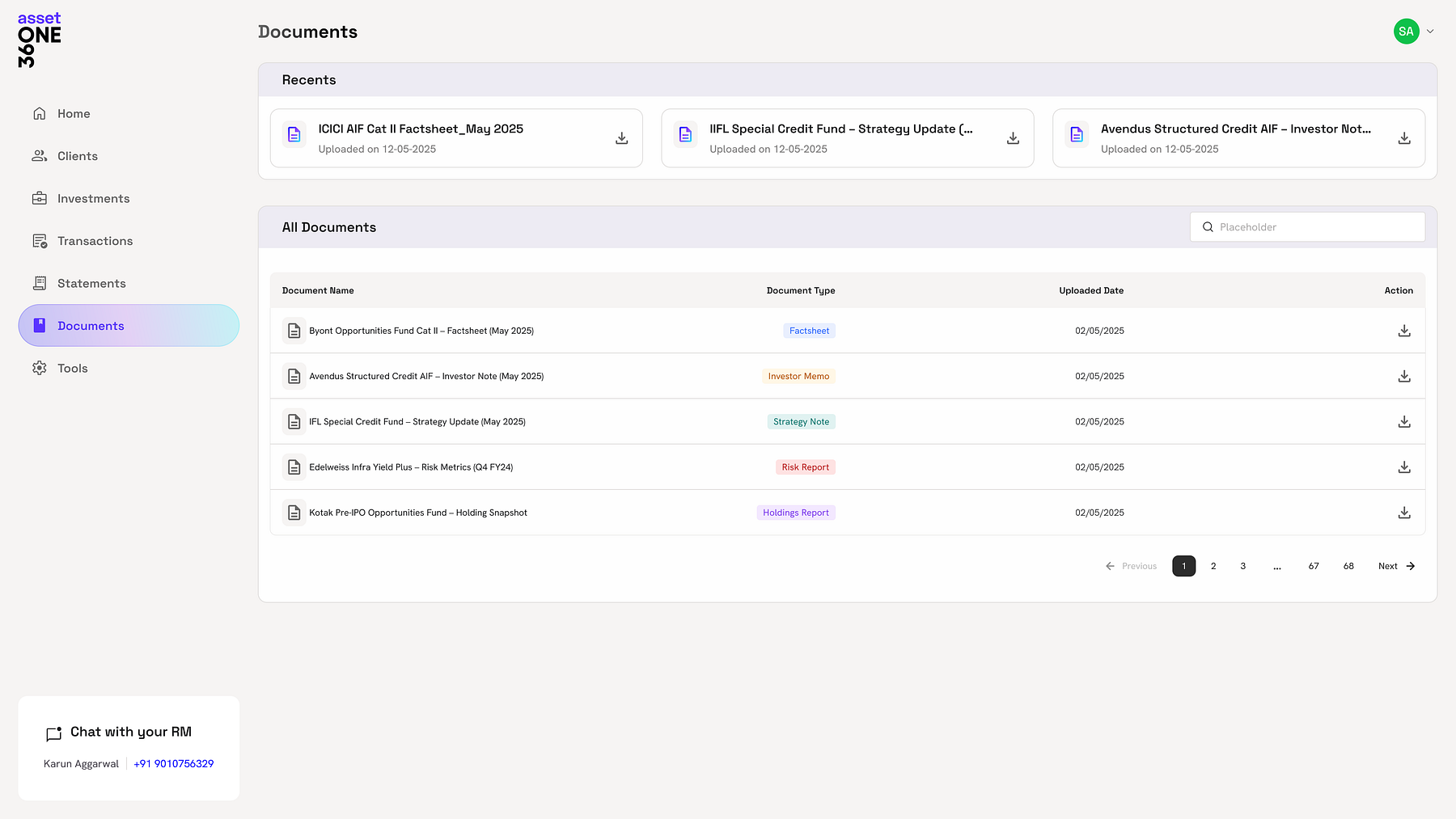 Documents library with recents and factsheets, tagged and searchable.