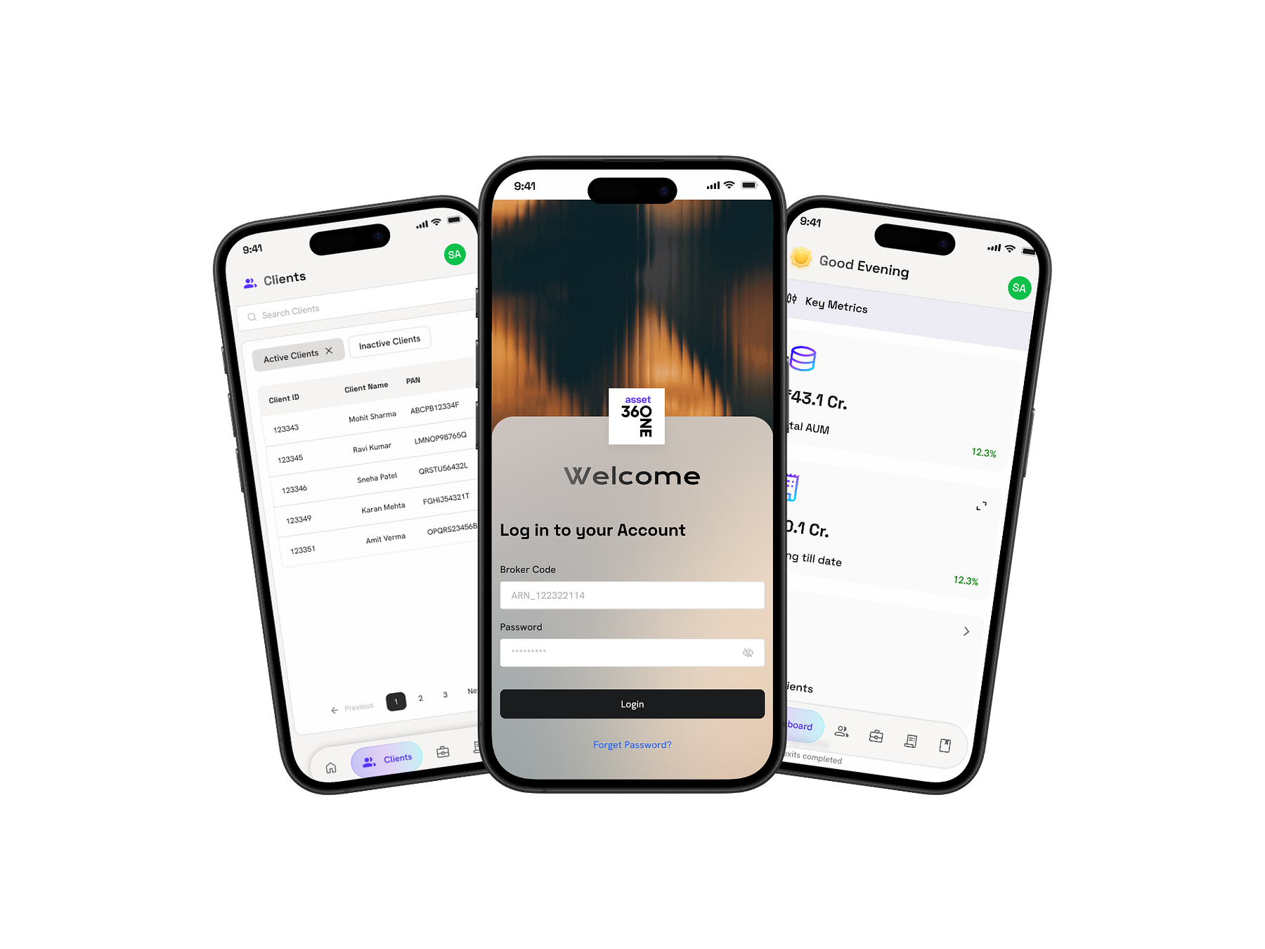 Elevate mobile app — login and clients list screens.