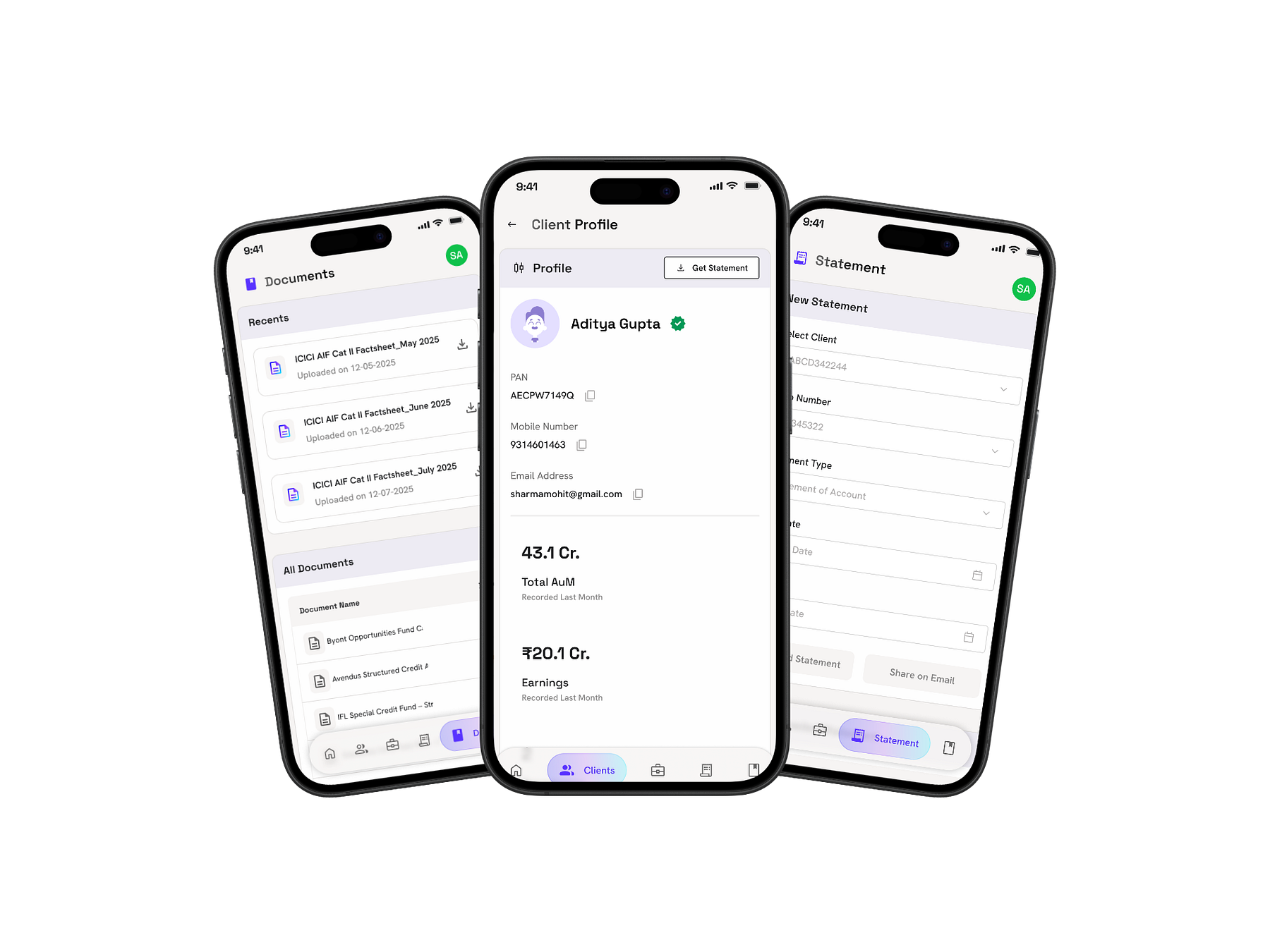Elevate mobile app — client profile, documents and statement screens.
