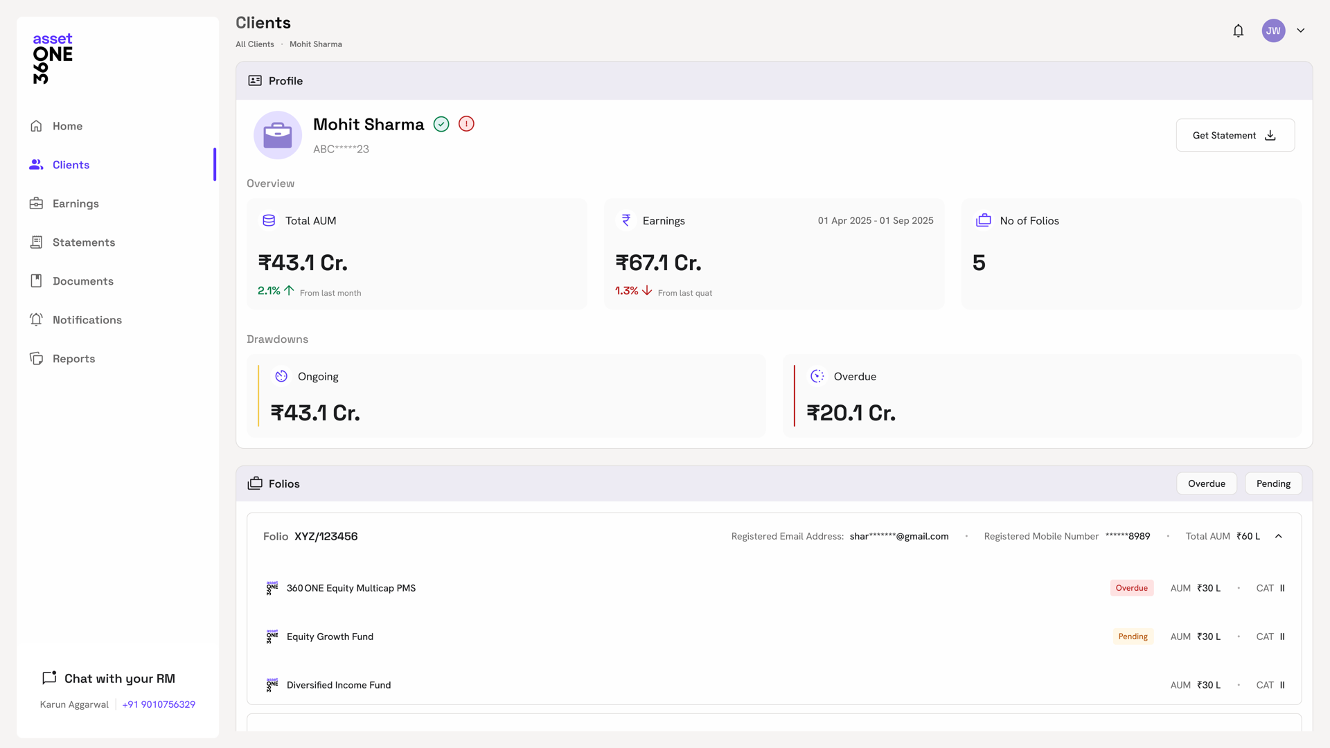 Client detail view with profile, AUM and earnings overview, drawdowns, and folio summary on one page.