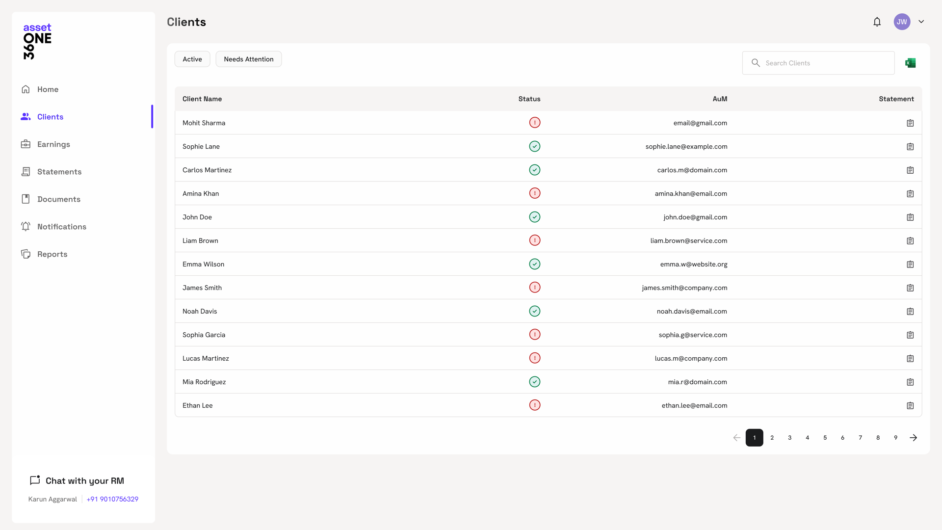 Clients list with Active and Needs Attention tabs, status indicators, AUM, and per-client statement access.