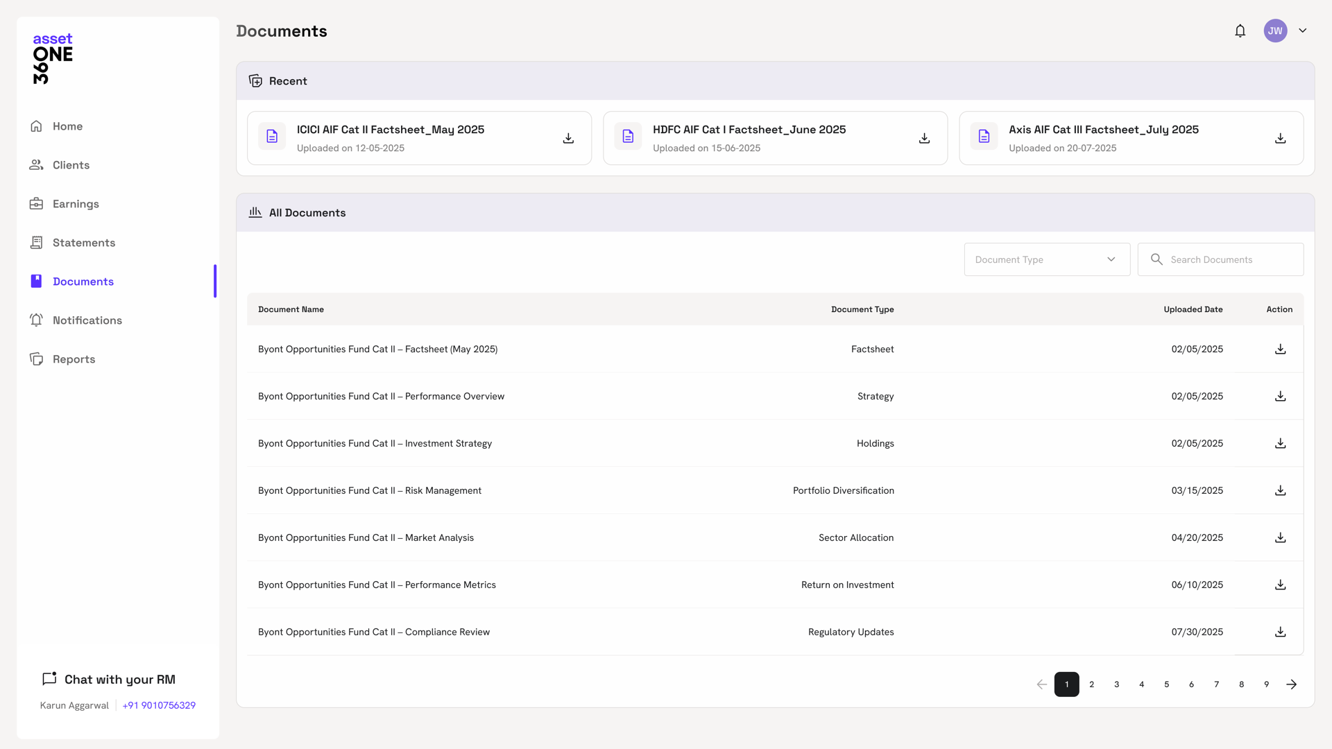 Documents library with recent factsheets and a tagged, searchable table of all fund documents.