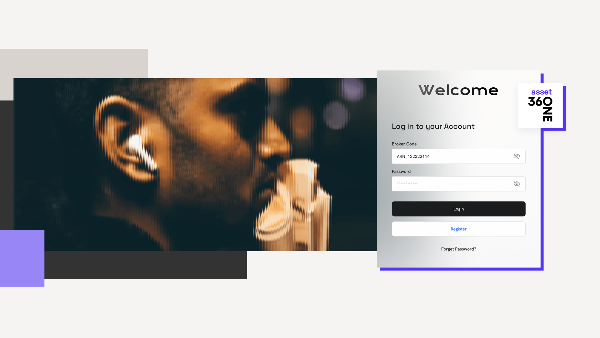 The redesigned 360 ONE Asset sign-in screen for distributors, with broker code and password fields.