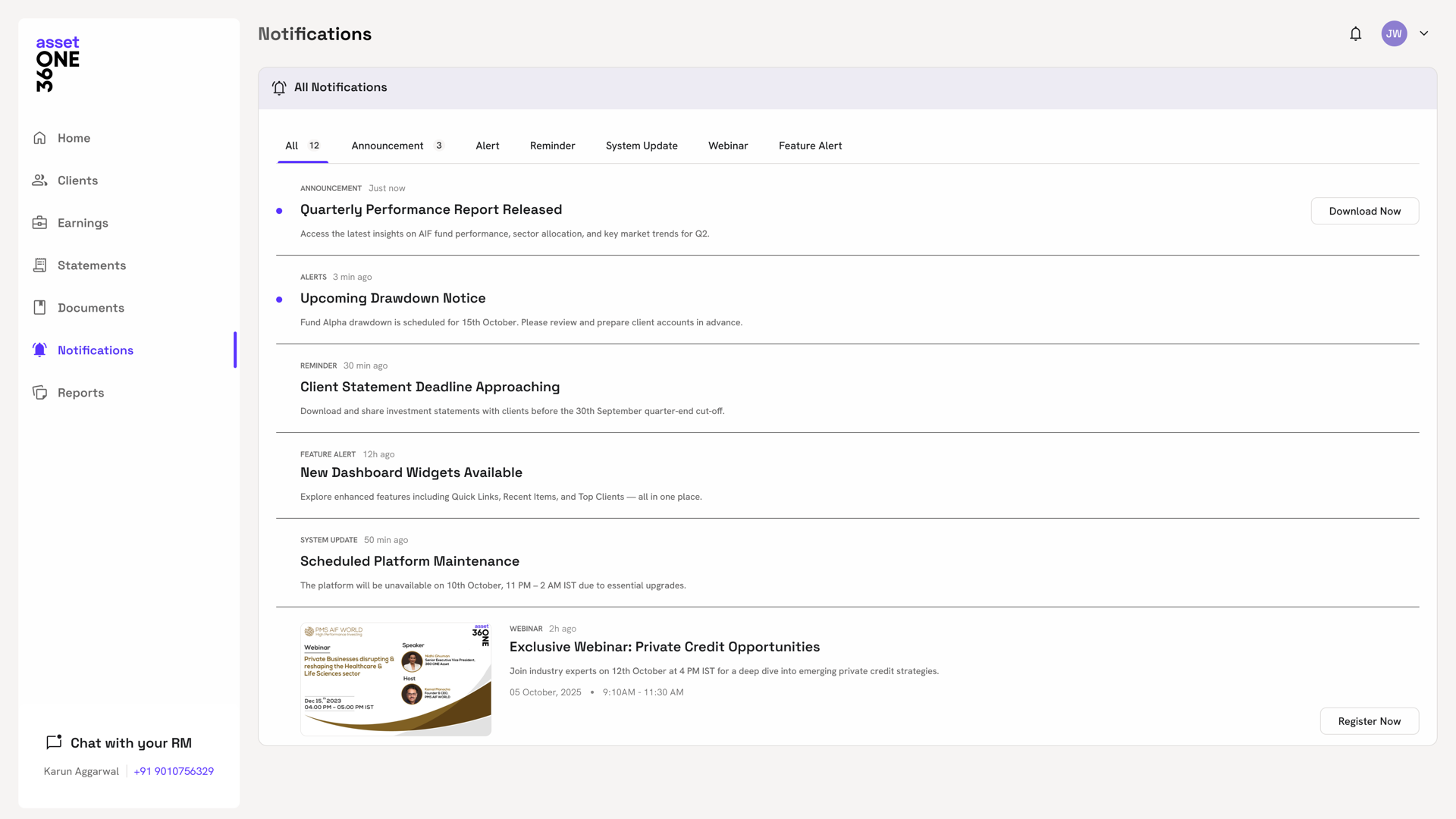 Notifications feed with announcements, alerts, reminders, system updates, and webinars in one place.