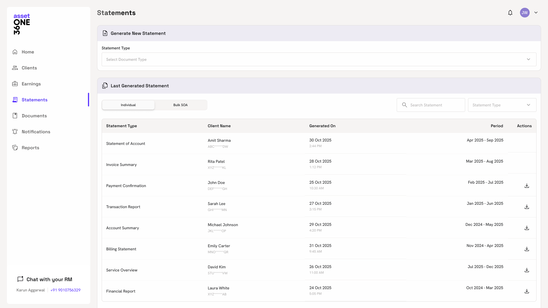 Statements screen with a generate-new-statement control and a list of recently generated statements per client.