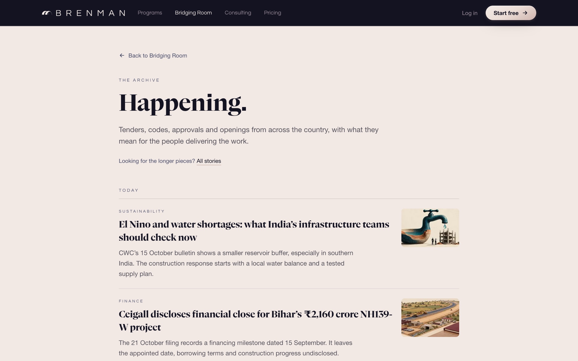Happening news feed with sustainability and finance items