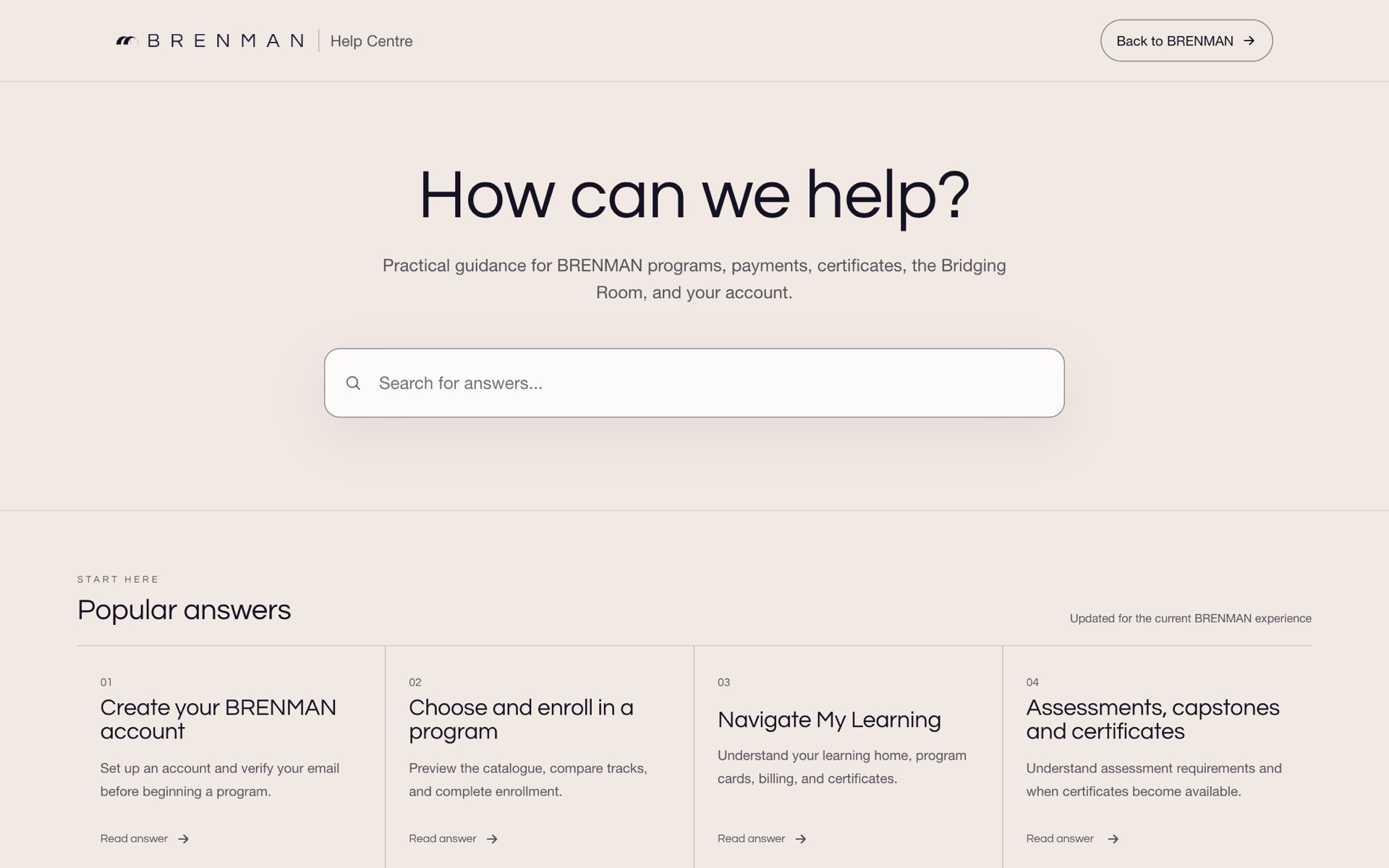 Help Centre with search and popular answers about accounts, enrolment, and certificates