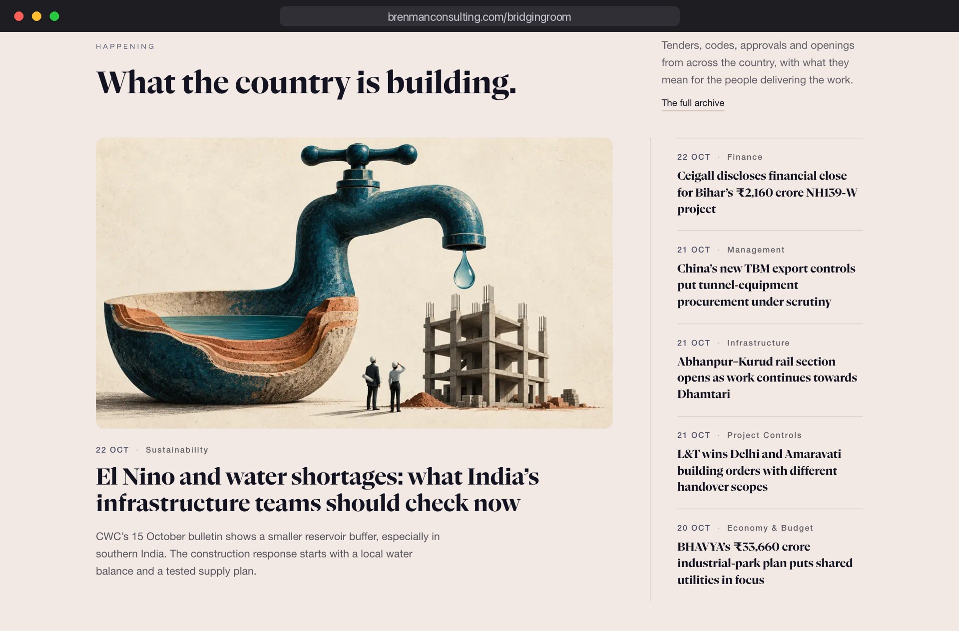 Bridging Room: What the country is building, with a lead story and the Happening news line