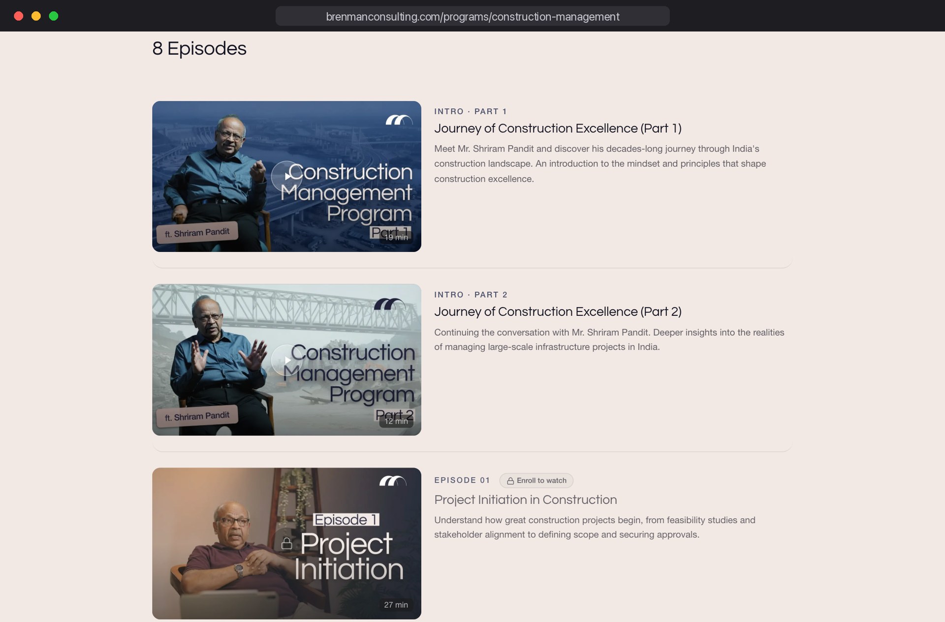 Curriculum list of episodes with thumbnails and descriptions