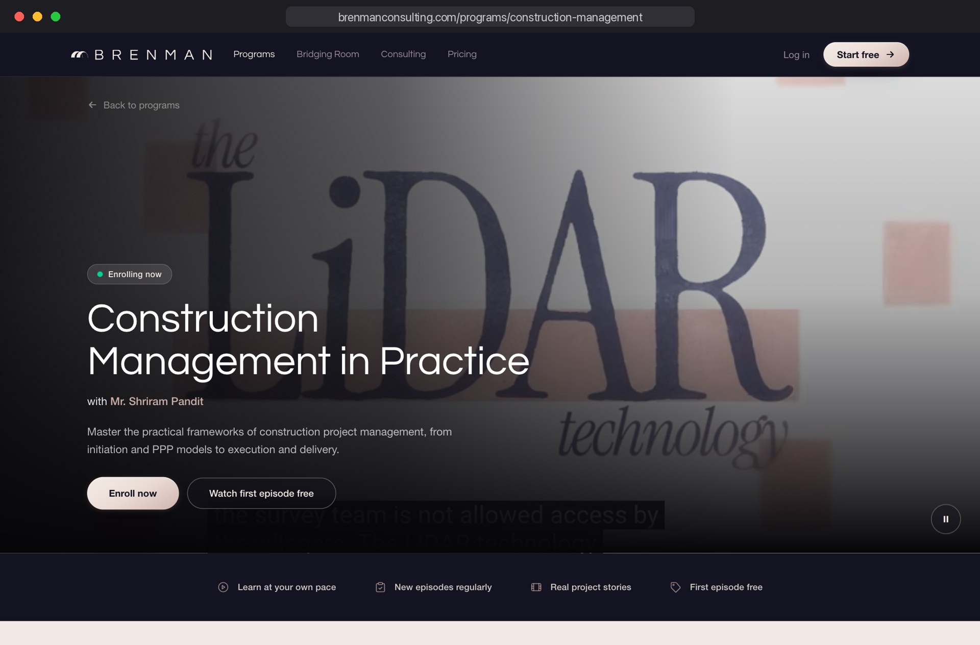 Construction Management in Practice program hero with Enroll now and Watch first episode free