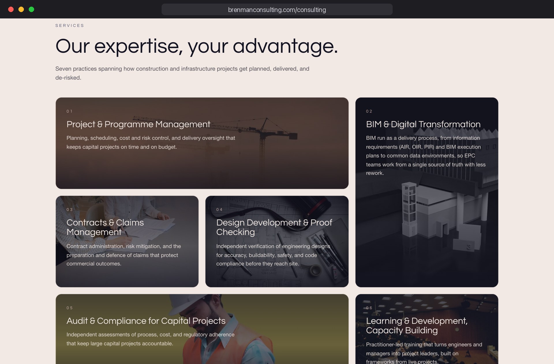 Consulting page: Our expertise, your advantage, with service cards