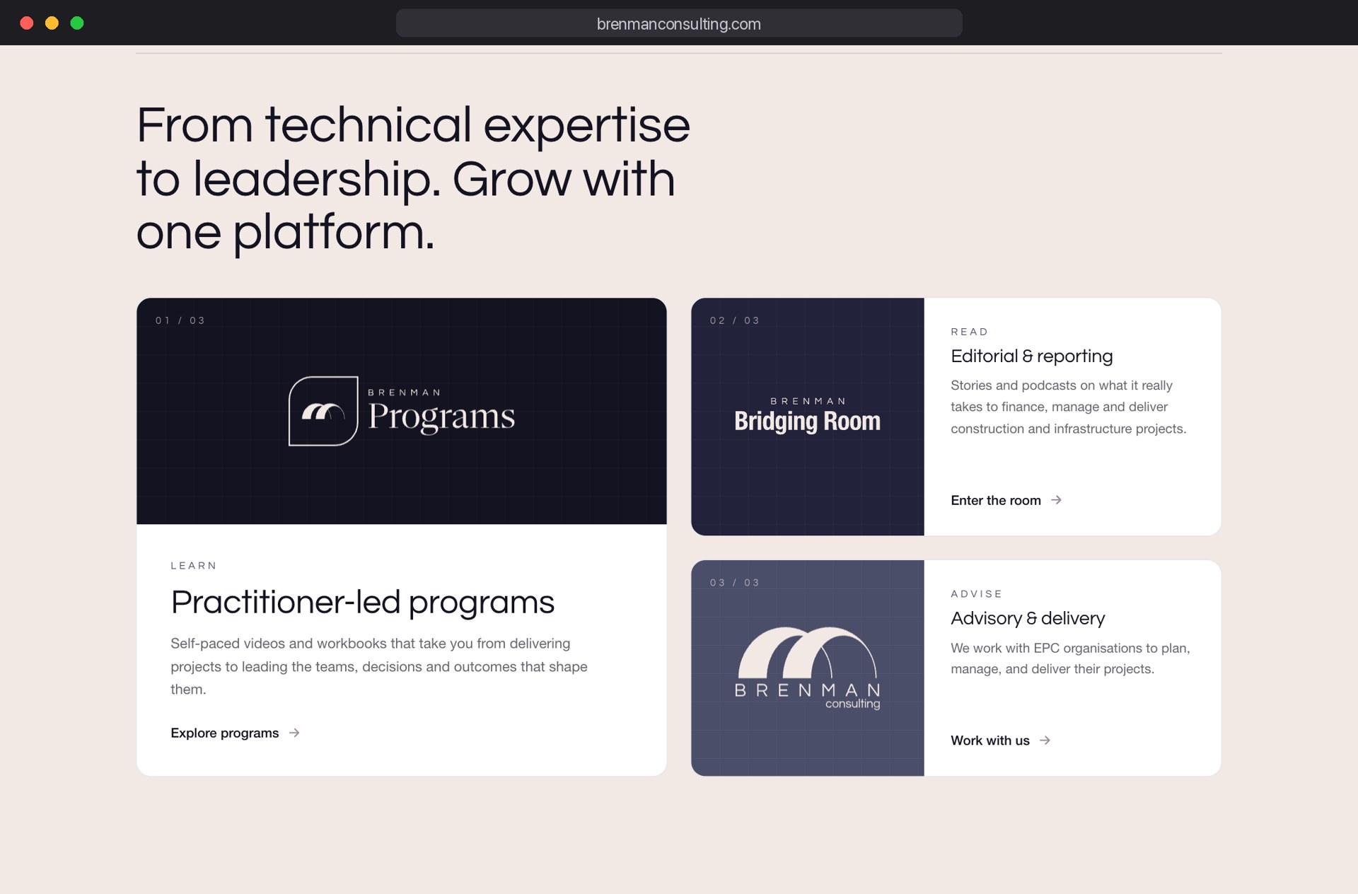 Home page section: From technical expertise to leadership, with cards for Programs, Bridging Room, and consulting