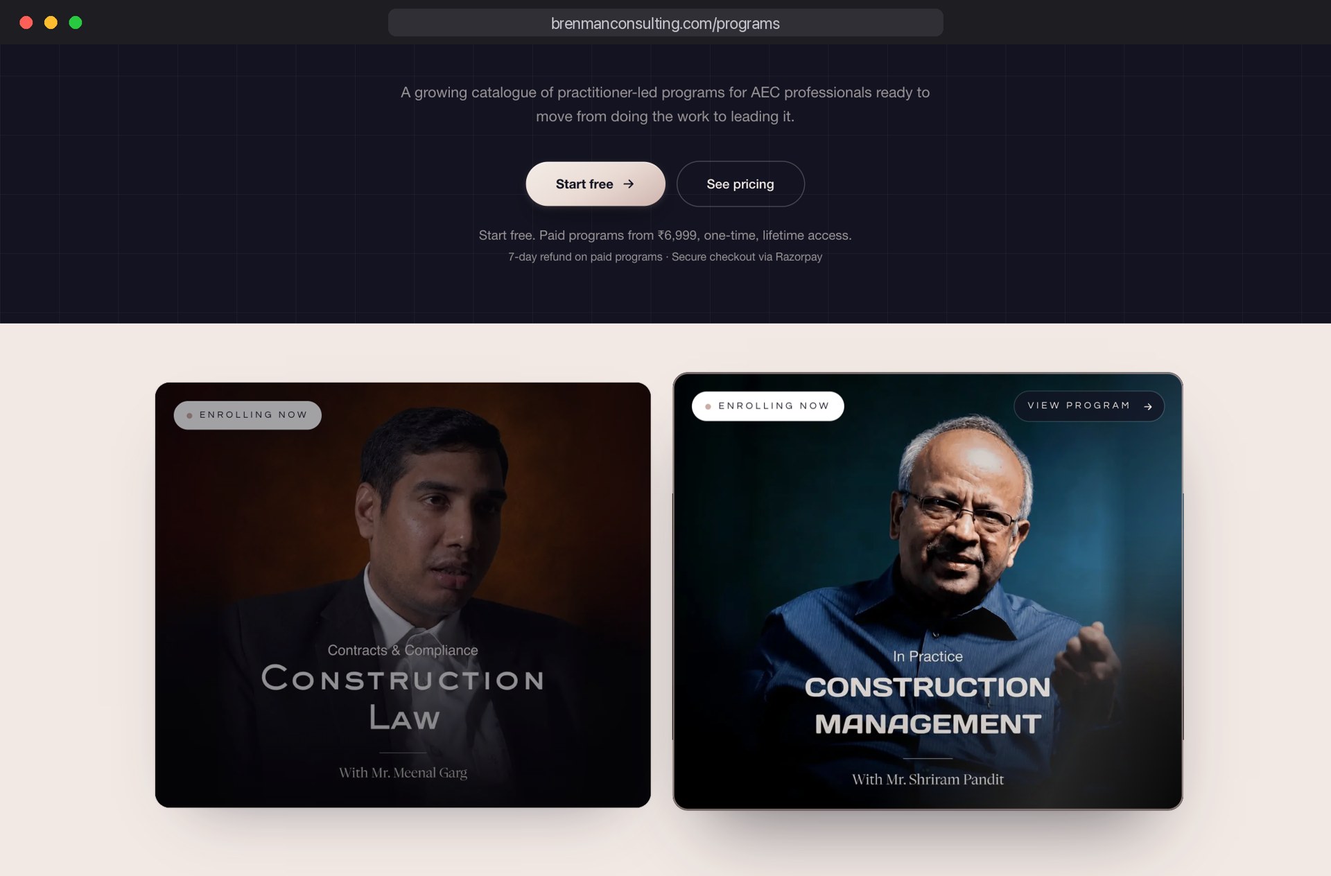 Programs catalogue with Construction Law and Construction Management cards, both enrolling now