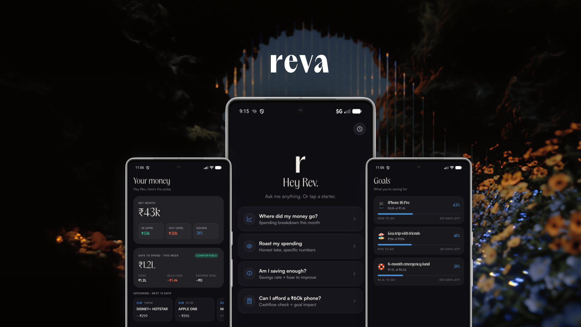 Reva cover showing the chat interface, dashboard, and goals view against a dark background.