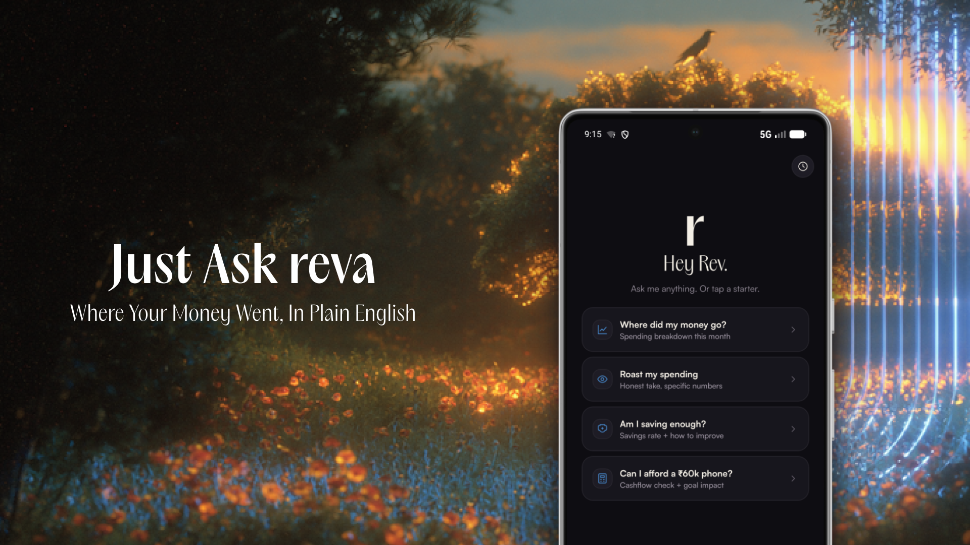 Just Ask Reva, the chat-first interface with starter prompts for spending, savings, and affordability.