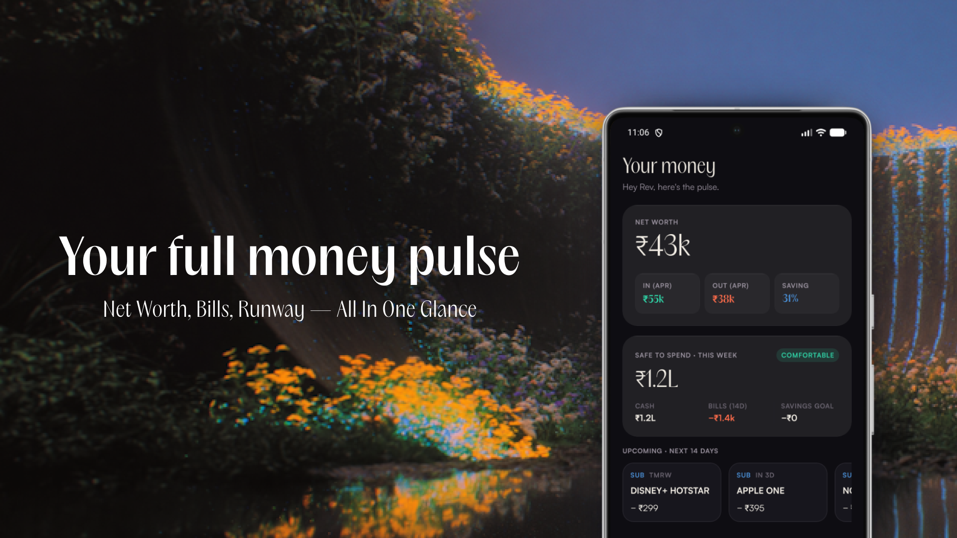 Dashboard showing net worth, safe-to-spend breakdown, and upcoming bills.
