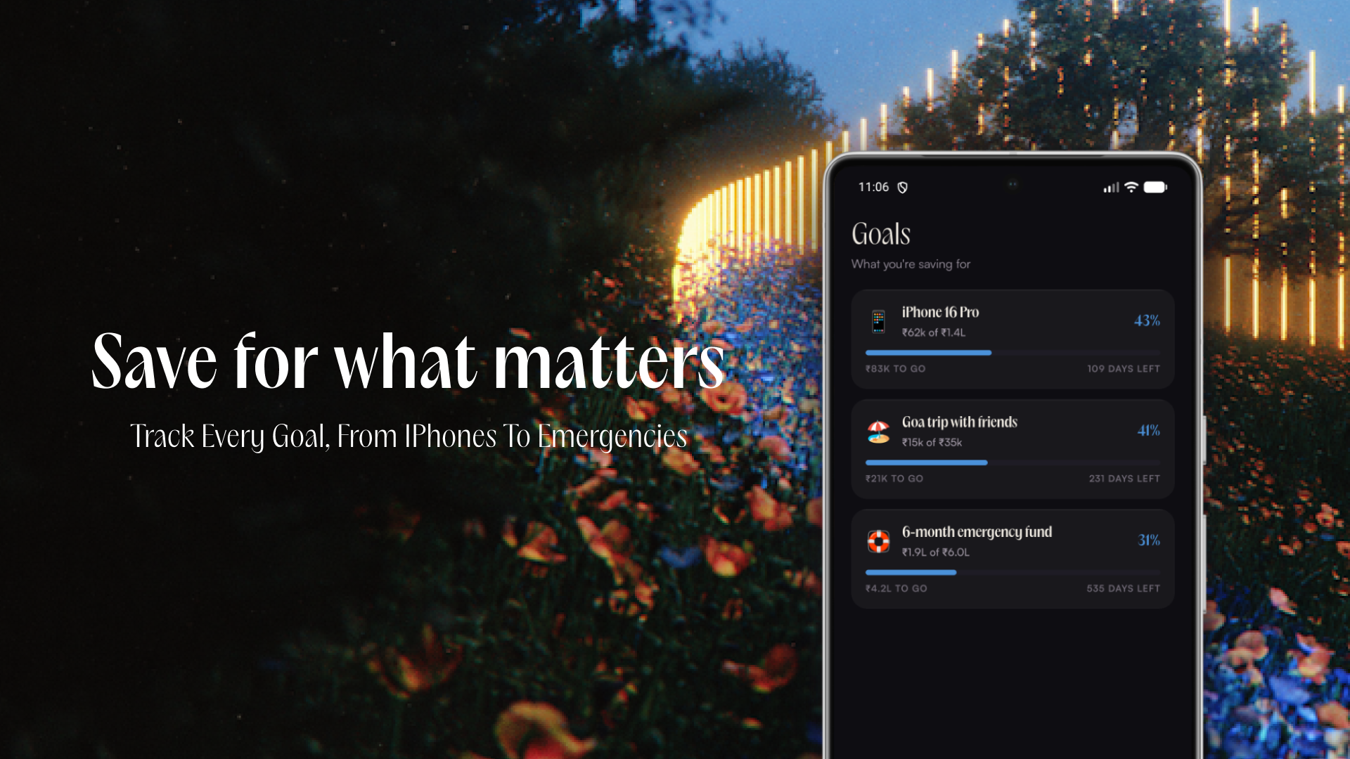 Goals screen showing progress on iPhone, Goa trip, and emergency fund savings targets.