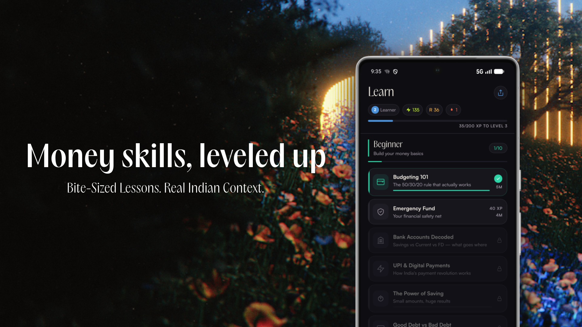 Learn tab showing beginner module with lessons on budgeting, emergency funds, bank accounts, and UPI.