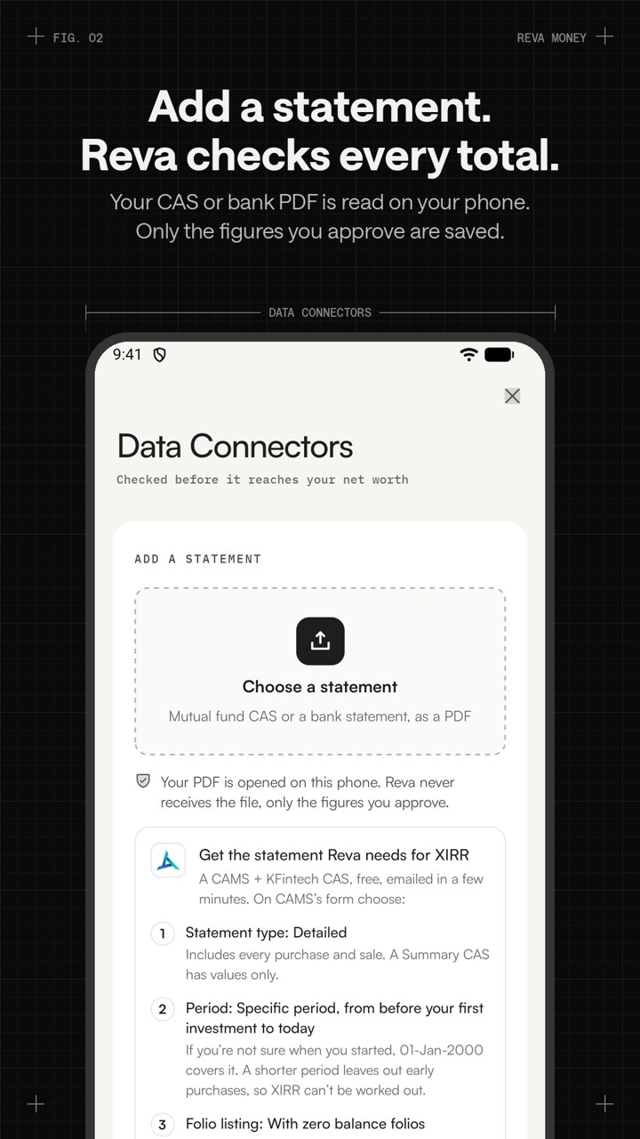 Play Store screen: Add a statement. Reva checks every total.