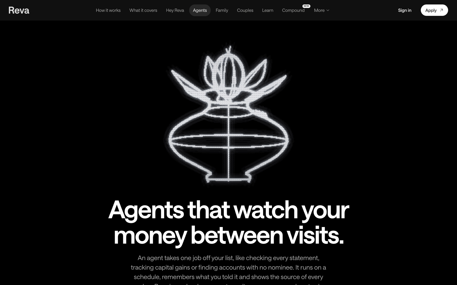 Reva Agents page: Agents that watch your money between visits