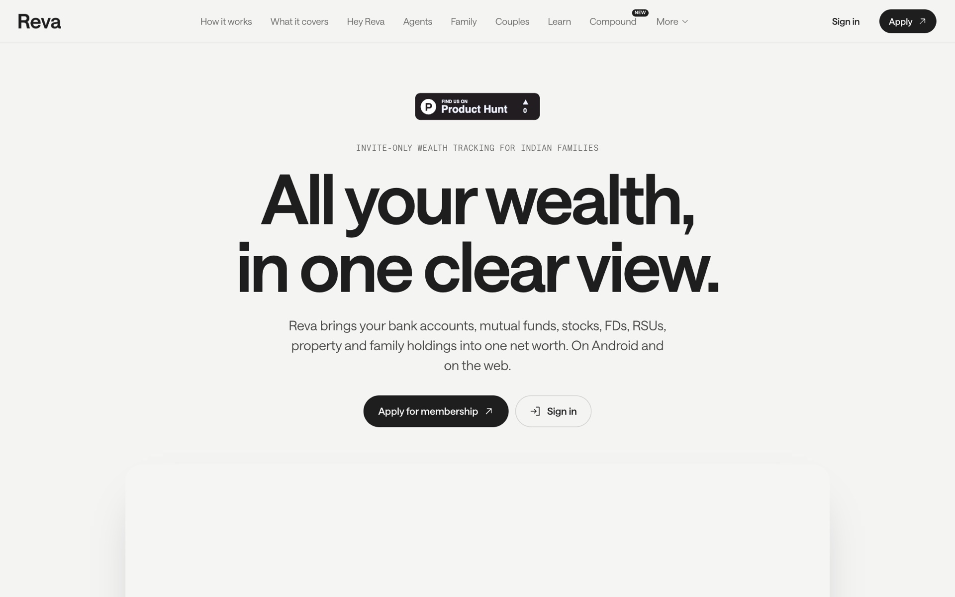 Reva landing page: All your wealth, in one clear view