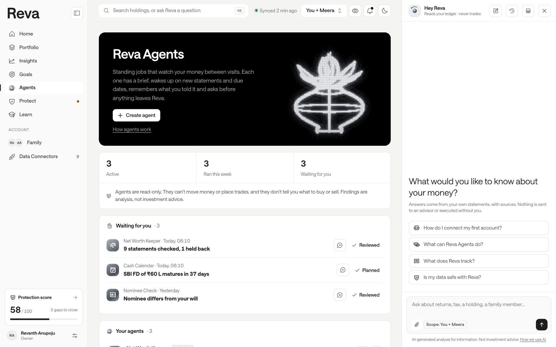 Reva web Agents page with findings waiting for review