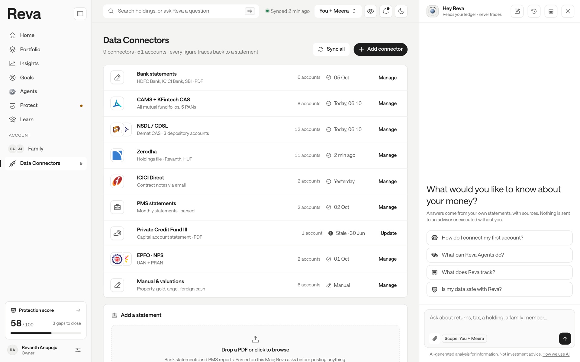 Reva web Data Connectors listing statement sources and sync status