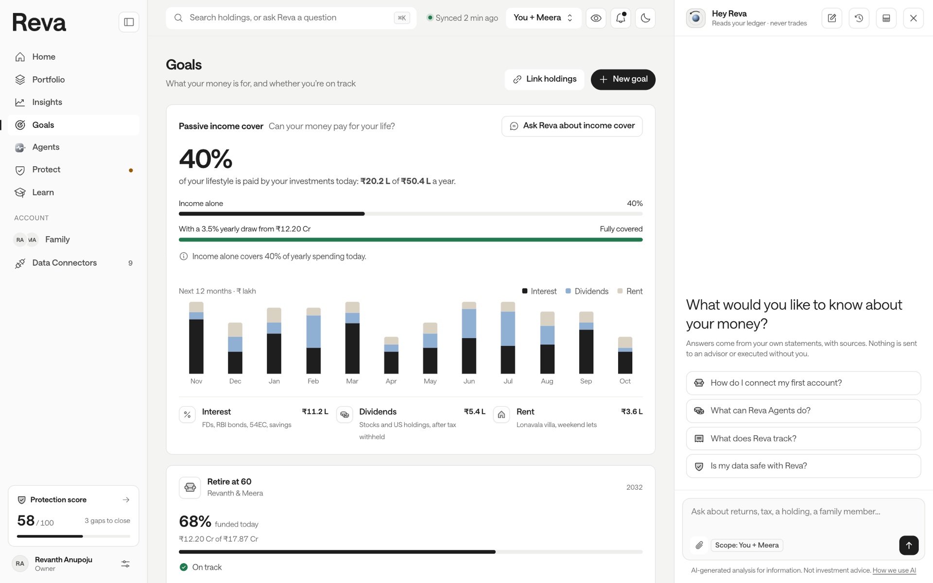 Reva web Goals with passive income cover and retirement goal, sample household