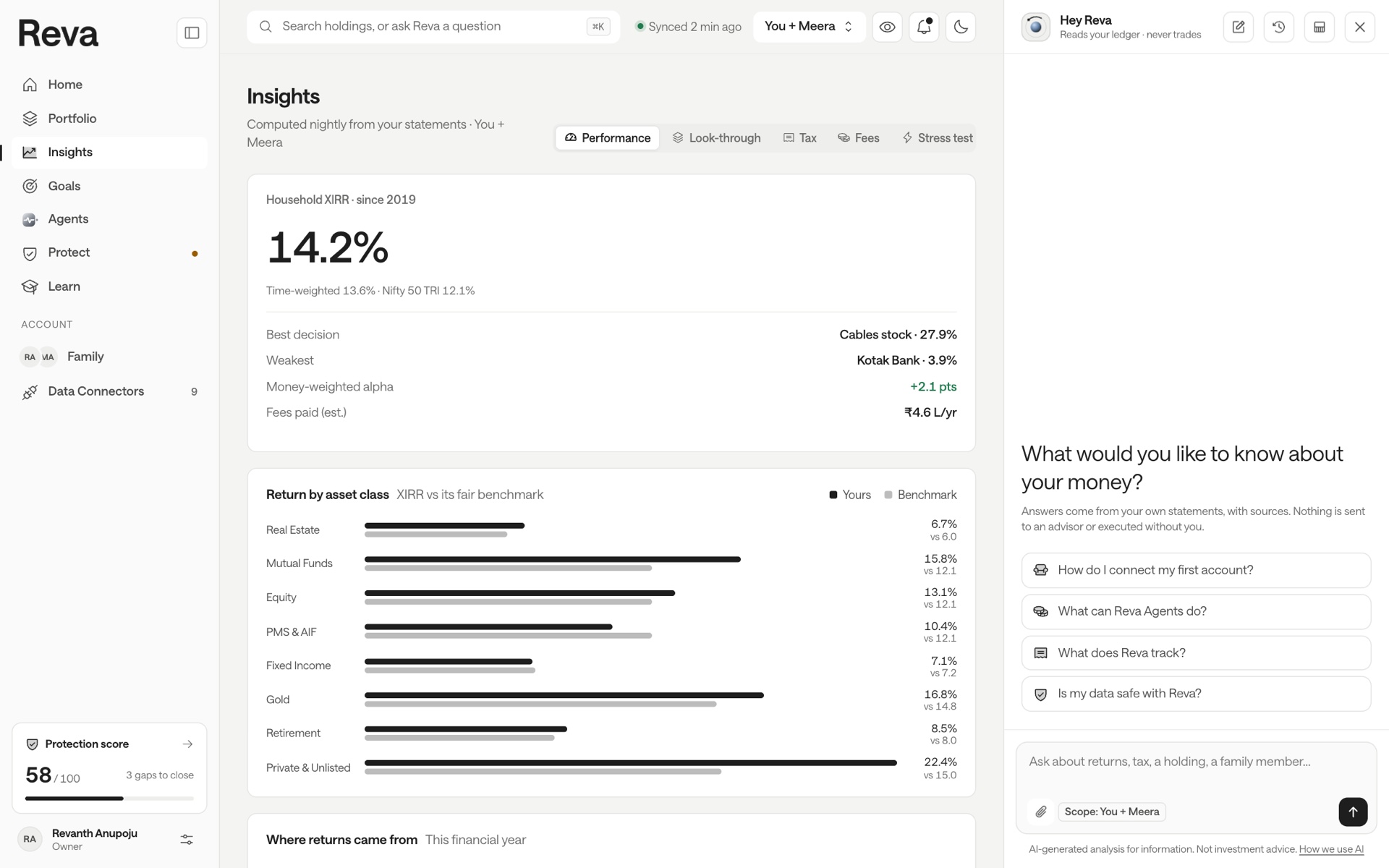 Reva web Insights with household XIRR and returns by asset class, sample household