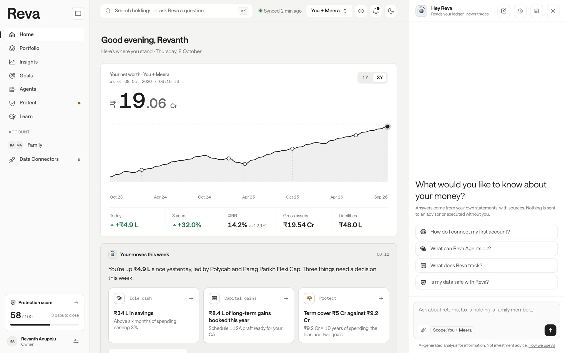 Reva web Home with a combined net worth chart and Hey Reva side panel, sample household