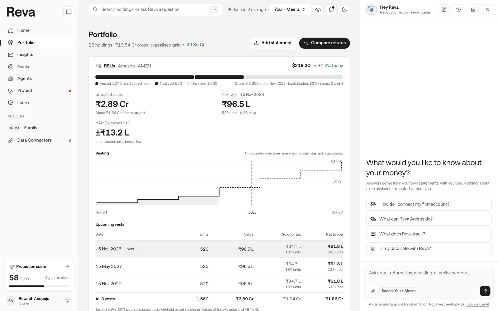 Reva web Portfolio with RSU vesting schedule and upcoming vests, sample household
